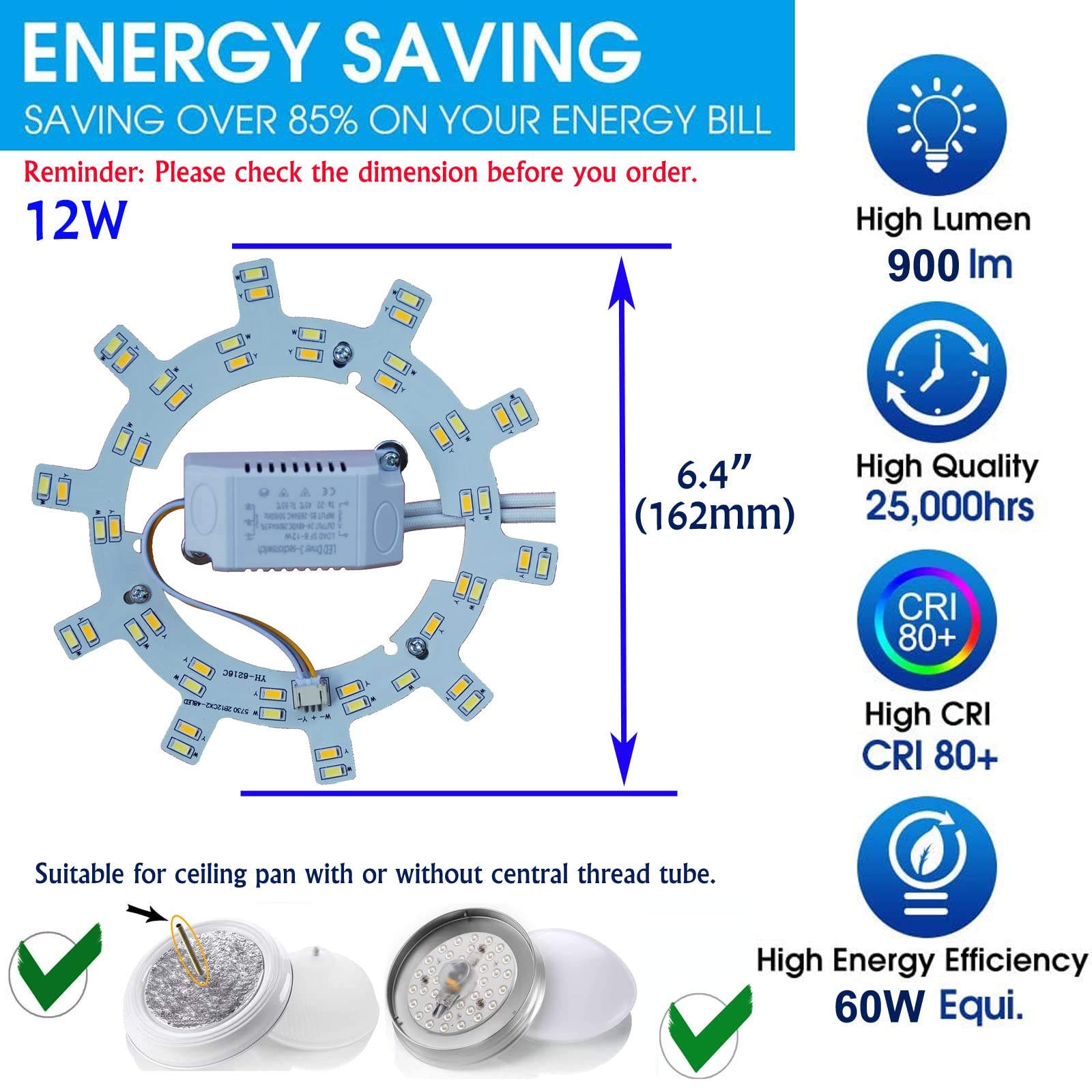 OLYMSTAR 12W LED Ceiling Fan Light Kit Replacement Panel for 12W-Gear, White