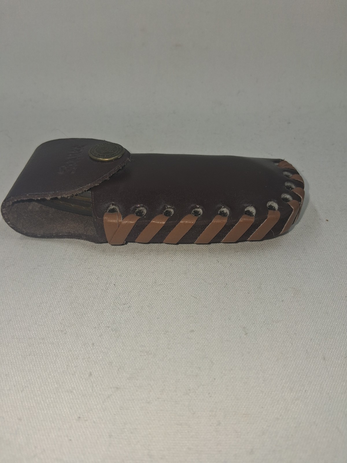 Vintage Stauer Damascus Curved Handle Folding Knife w/ Leather Case Liner