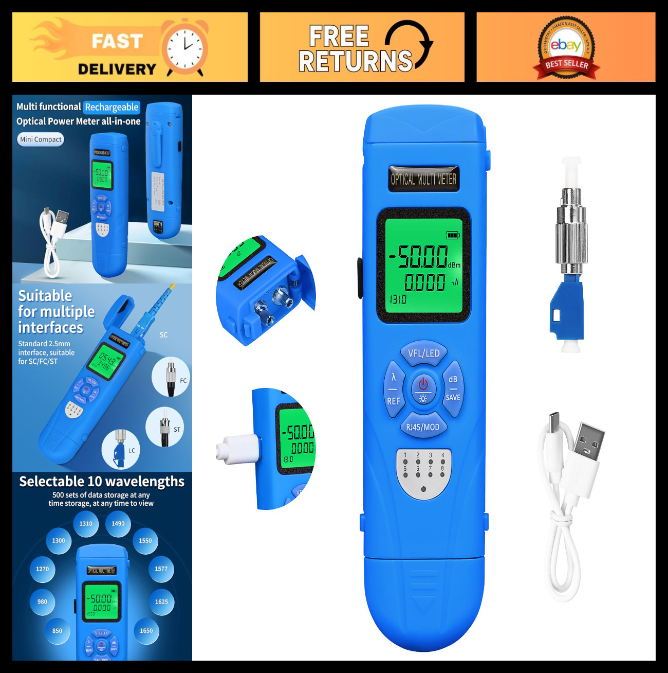 Mini Rechargeable Optical Power Meter -50 to +26dBm, Fiber Tester with RJ45, SC/