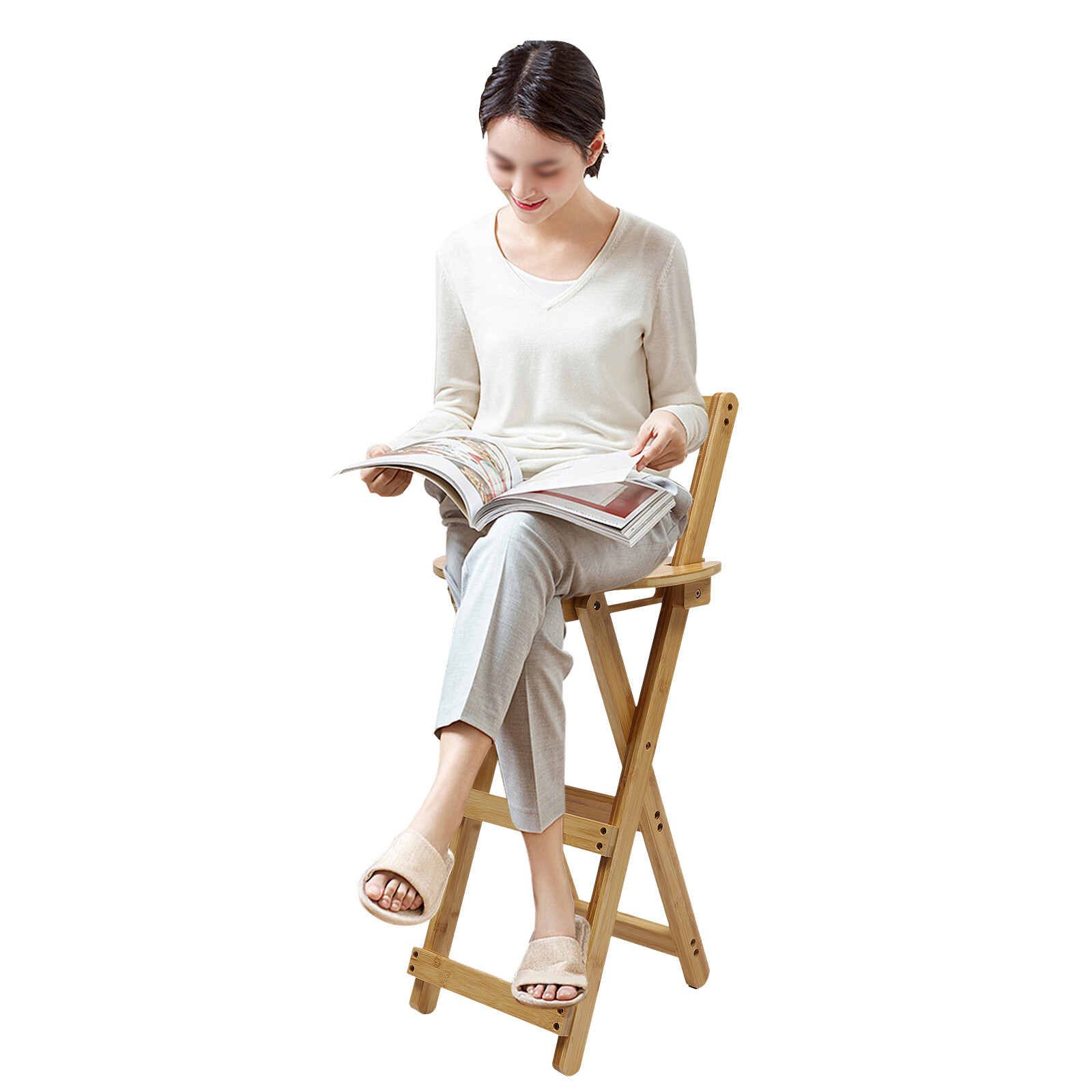 Portable Folding Bamboo Stool Tall Chair Foldable Bar Stool Porch Kitchen Chair