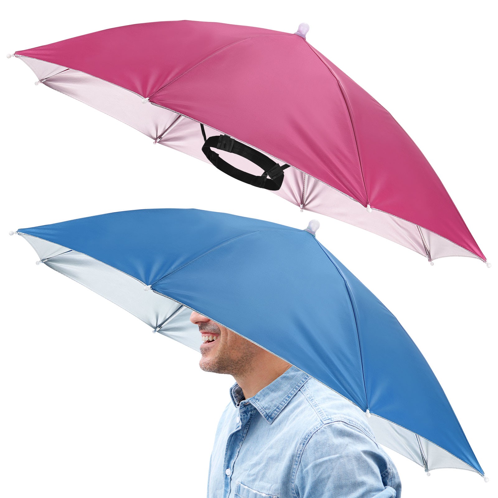 2 Pcs 26" Headband Umbrella Hat Umbrella Cap for Outdoor [Rose Red+Sky Blue]