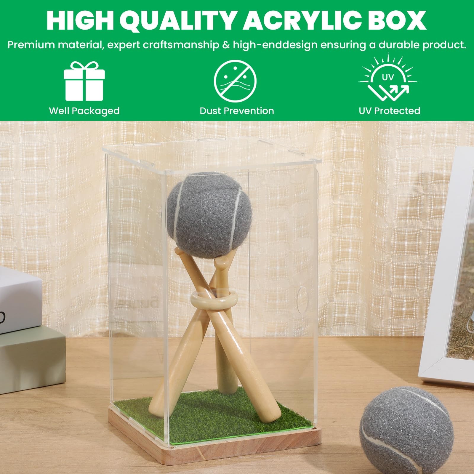Game Ball Display Case with Baseball Holders for Display, Wooden Base & UV Pr...