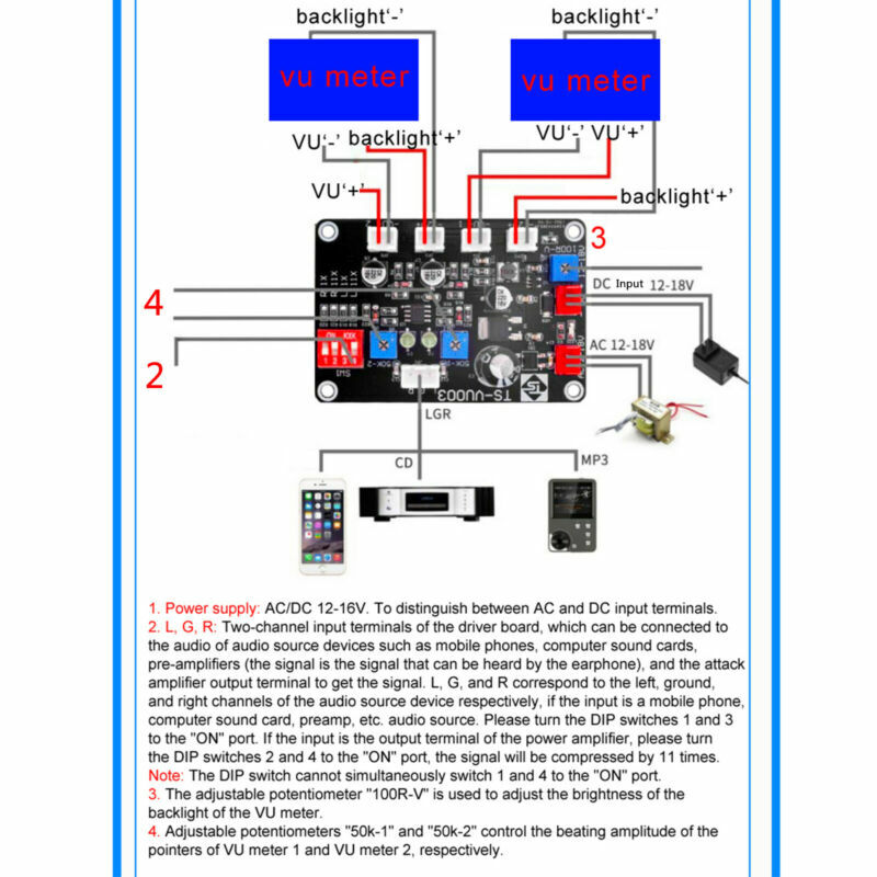 2pc TN-90A VU Meter DB Level Header Chassis Backlight with TS-VU003 Driver board