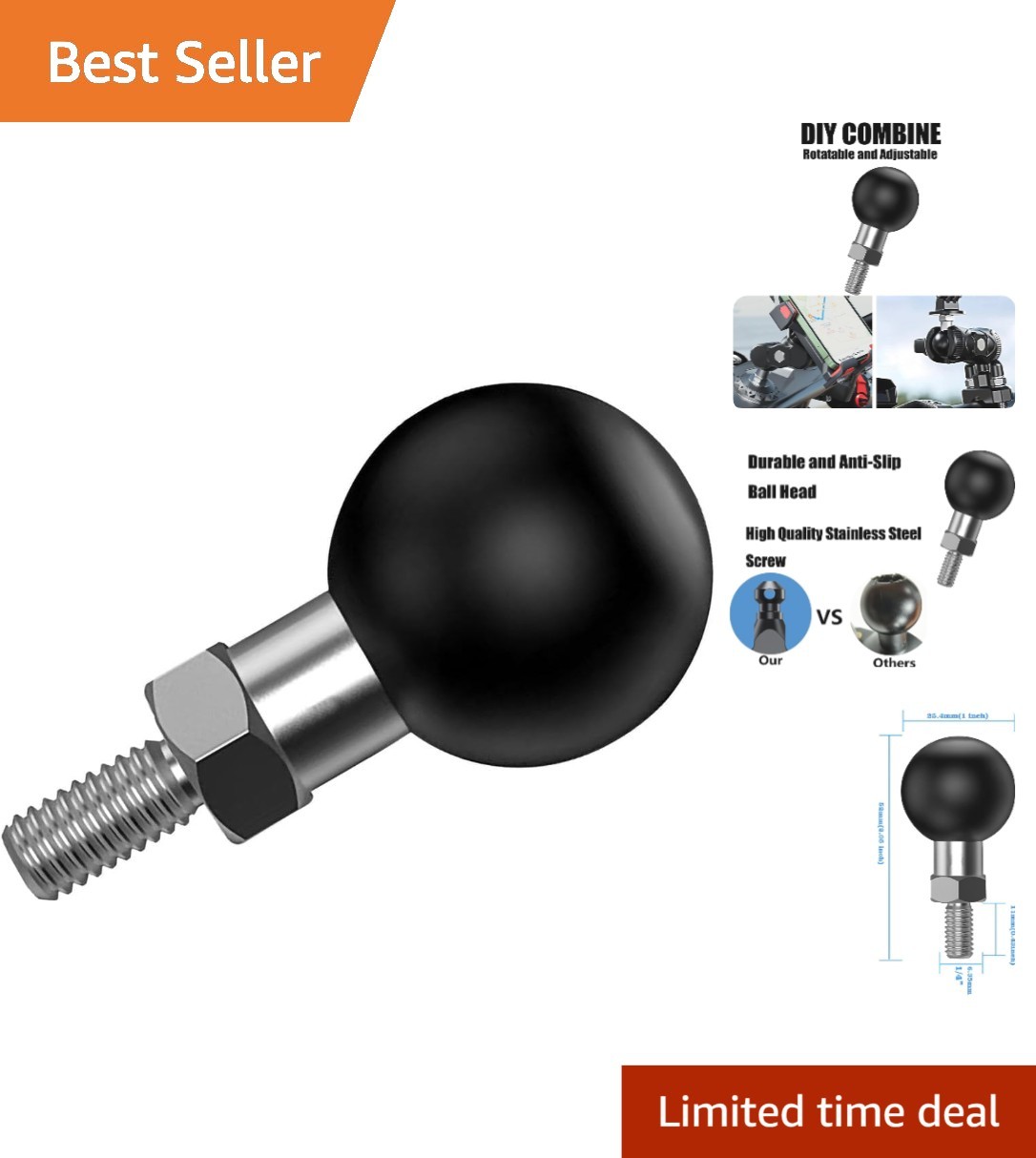 Durable 1/4-20 Stainless Steel Ball Mount, Easy Install for Motorcycles & ATVs