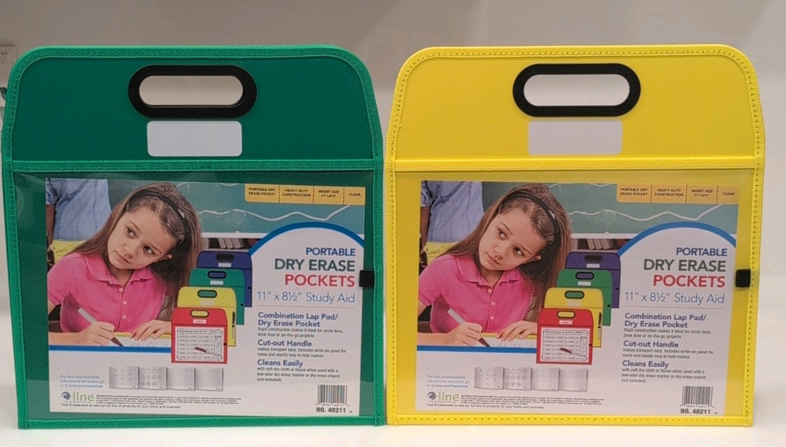 7 Count Portable Dry Erase Pocket & Handle Set 11 x 8.5 Study Aid, Green/Yellow