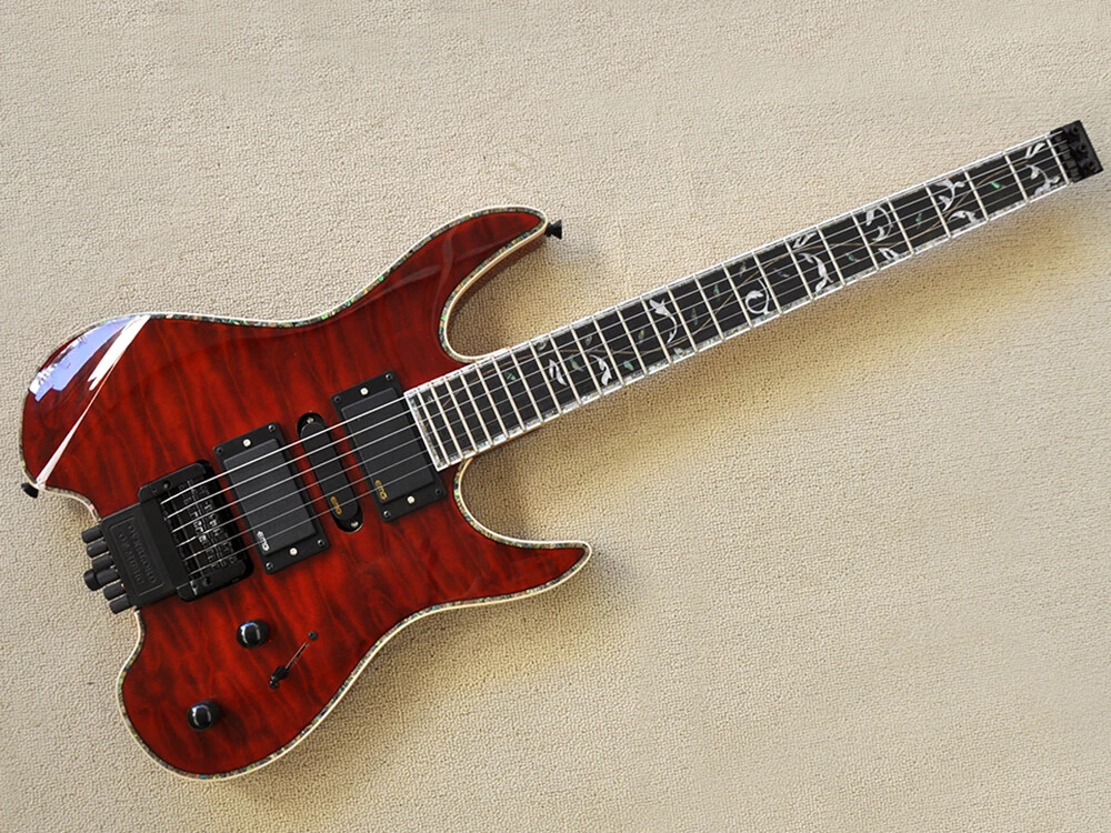New Red Headless Electric Guitar with Abalone Inlay,Rosewood Fretboard 6 strings