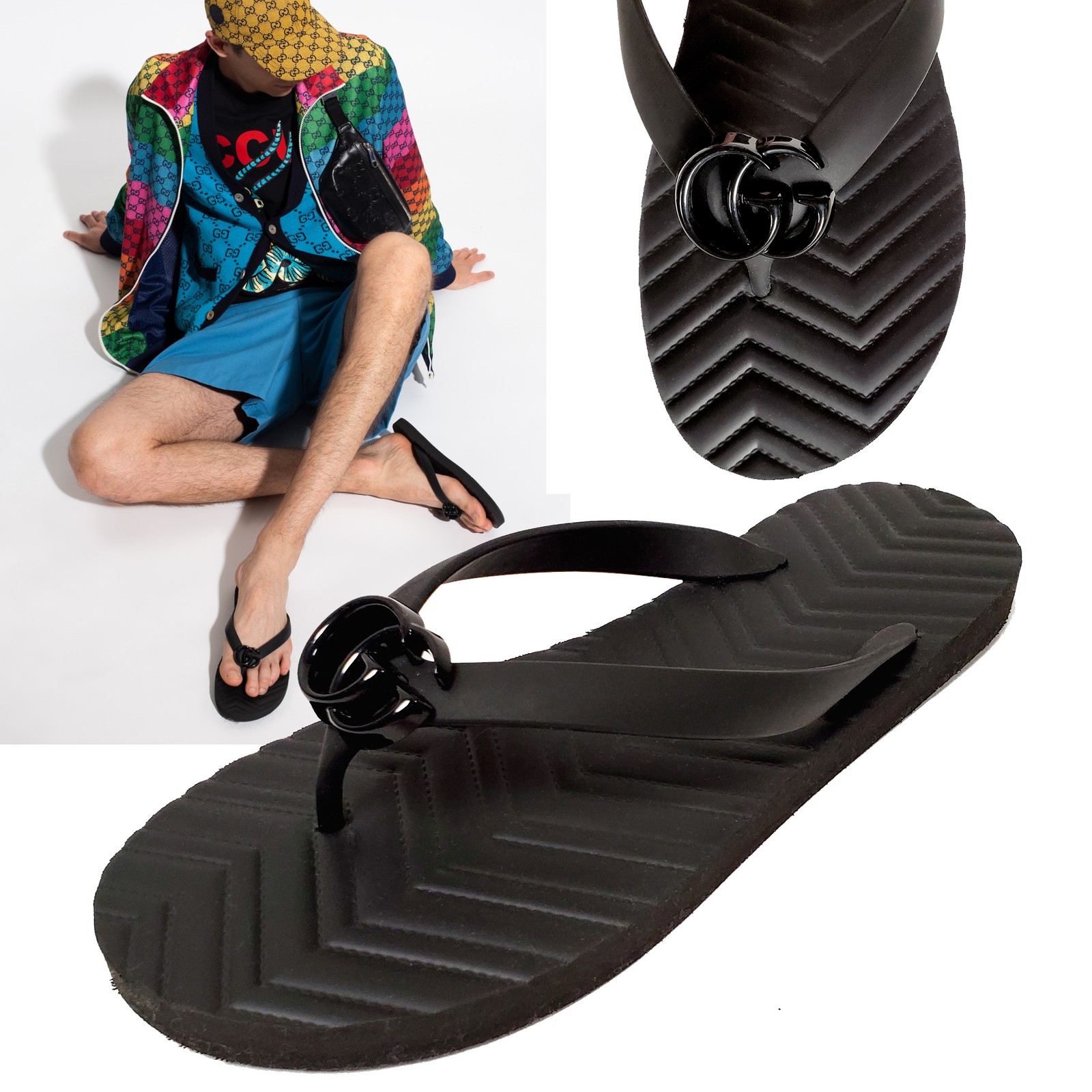 GUCCI SHOES MENS CHEVRON THONG SANDALS BLACK RUBBER FLIP FLOPS w LOGO 11 US 11.5