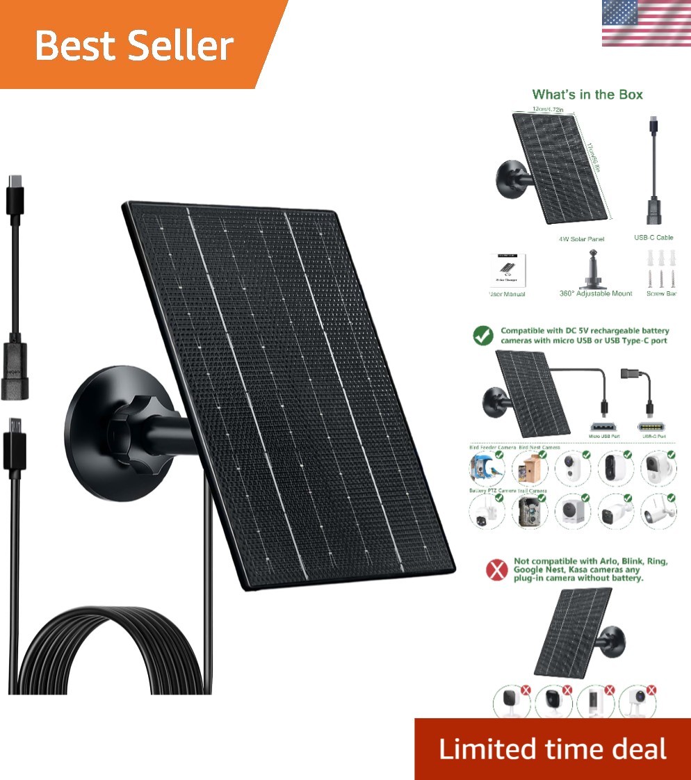 High-Efficiency 5V Solar Panel for Battery Cameras - 360° Mount & 9.8ft Cable