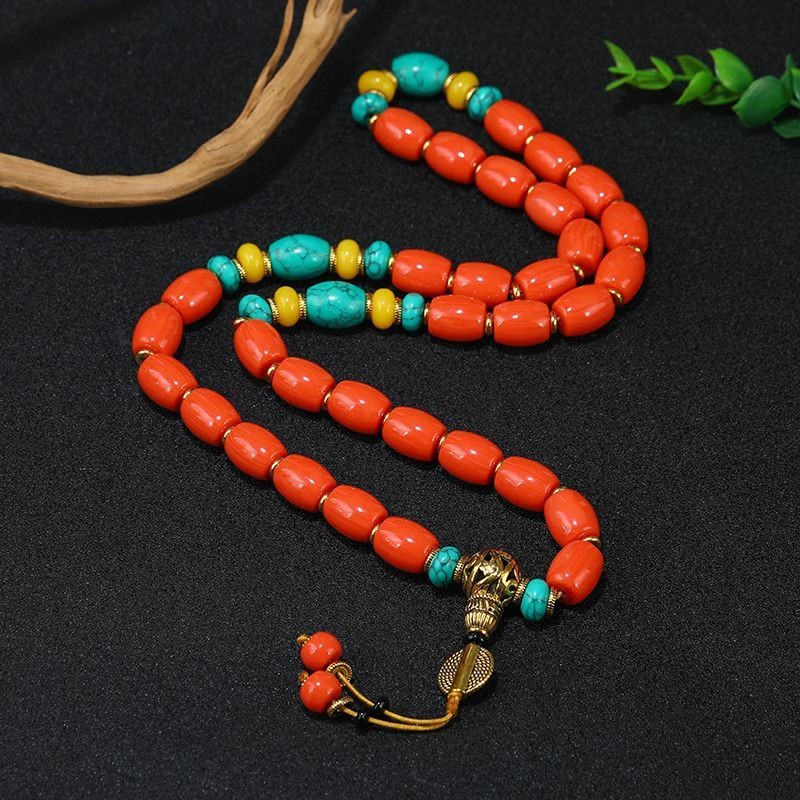 Tibetan Ethnic Style Pine Stone Coral Colored Bucket Bead Bracelet 12*11MM