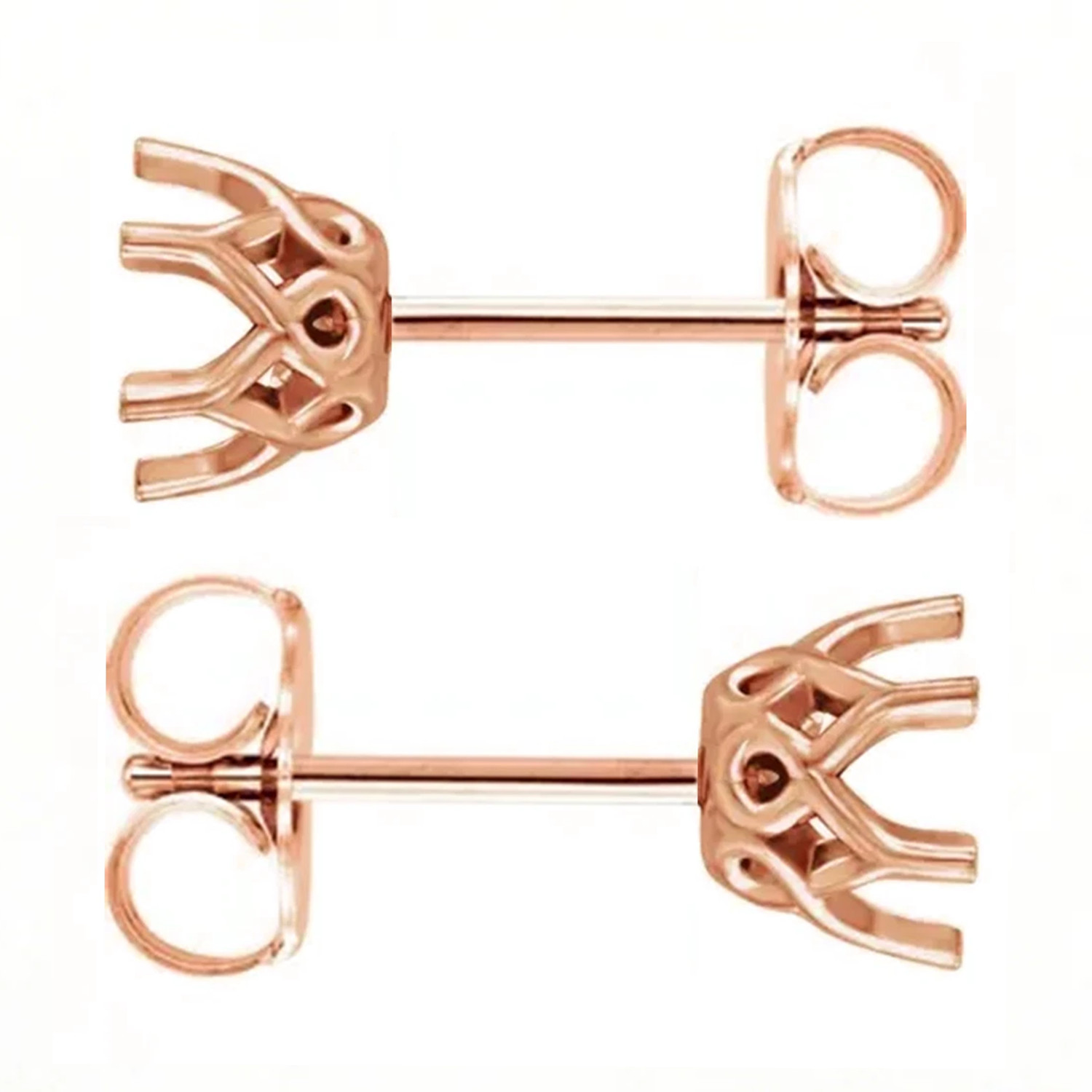 14K Rose Gold Earring Mountings Round Cut Scroll Crown Friction Back -1 Pair USA