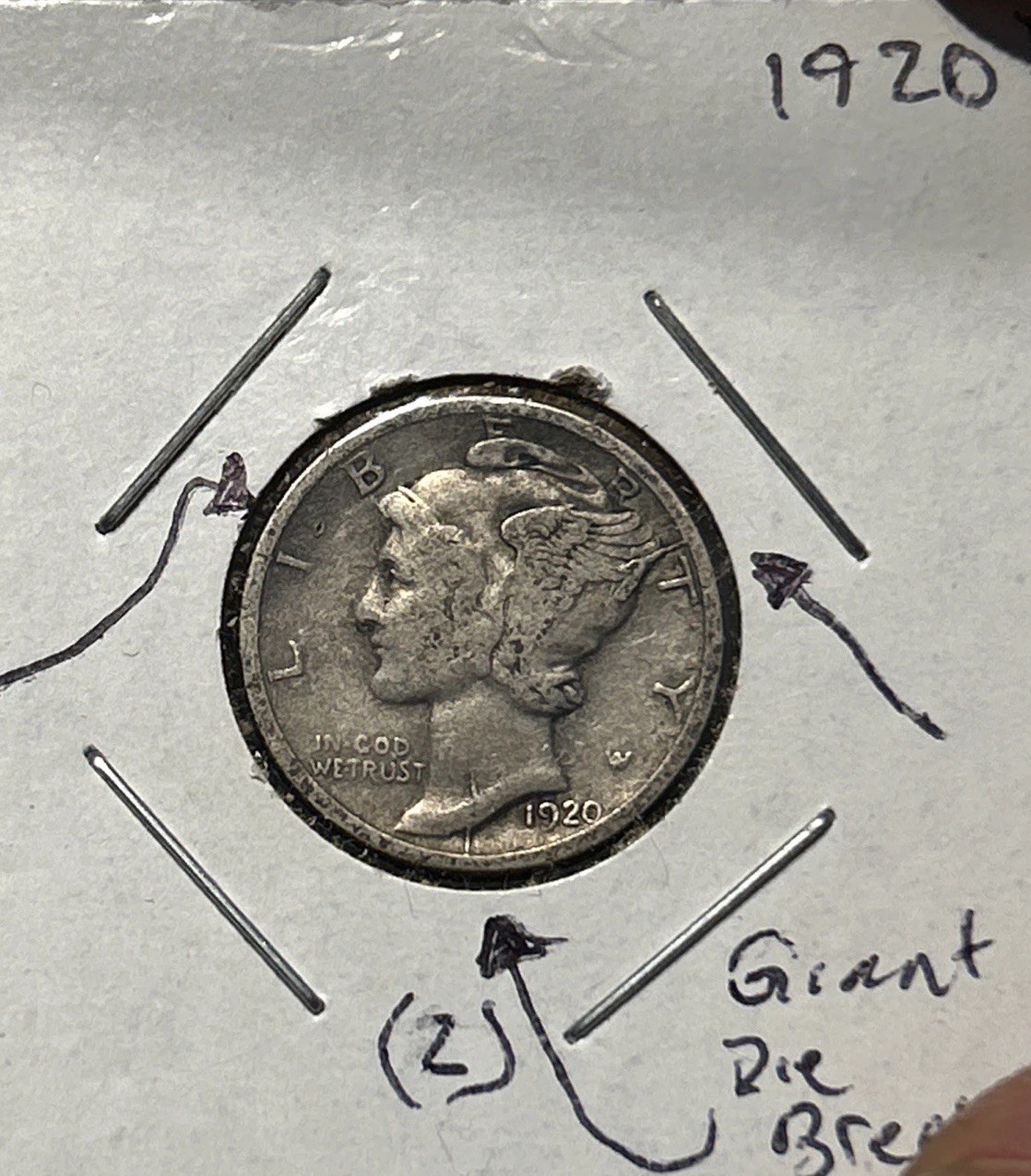 1920-D Mercury Silver Dime BIG DIE CRACK Error Massive Die Cracks