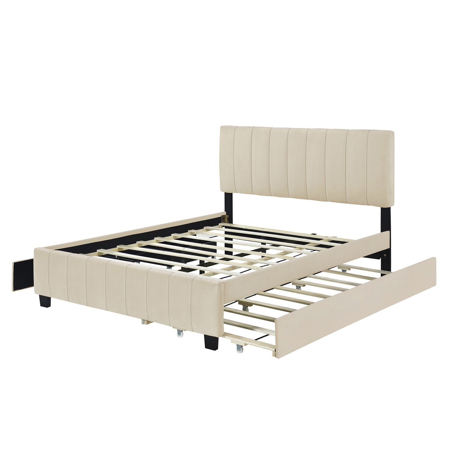 Queen Size Bed Frame Velvet Upholstered Platform Bed with 2 Drawers & Trundle