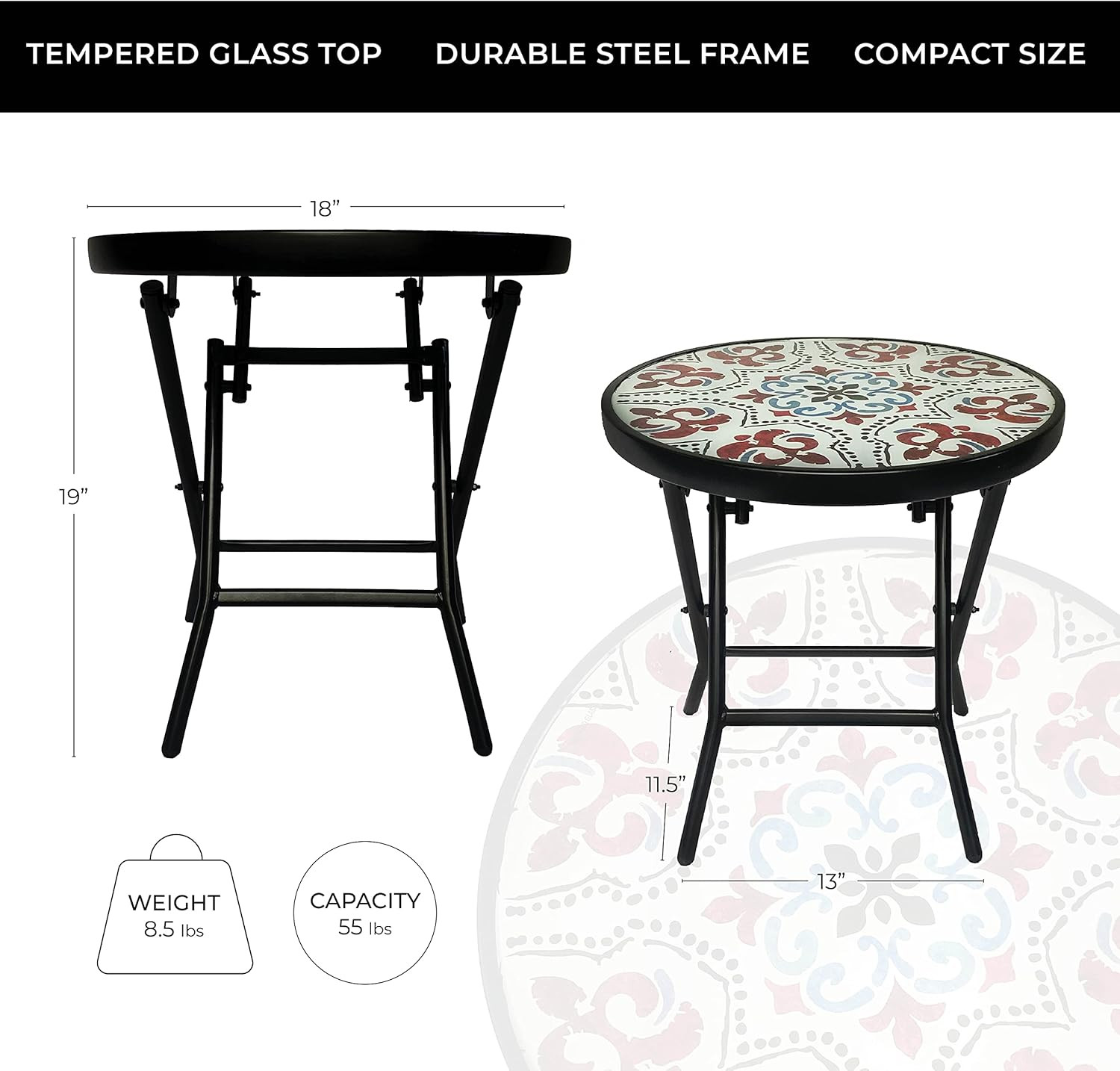 Folding Glass Patio Side Table-Mosaic Pattern-18 Inch