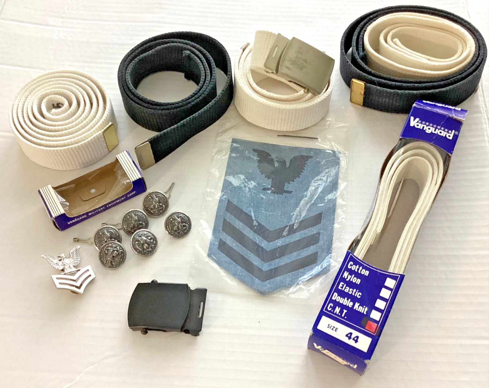 Lot - US Navy Canvas Web Belts ~ Buttons ~ CPO patch ~ Pin ~ Buckle