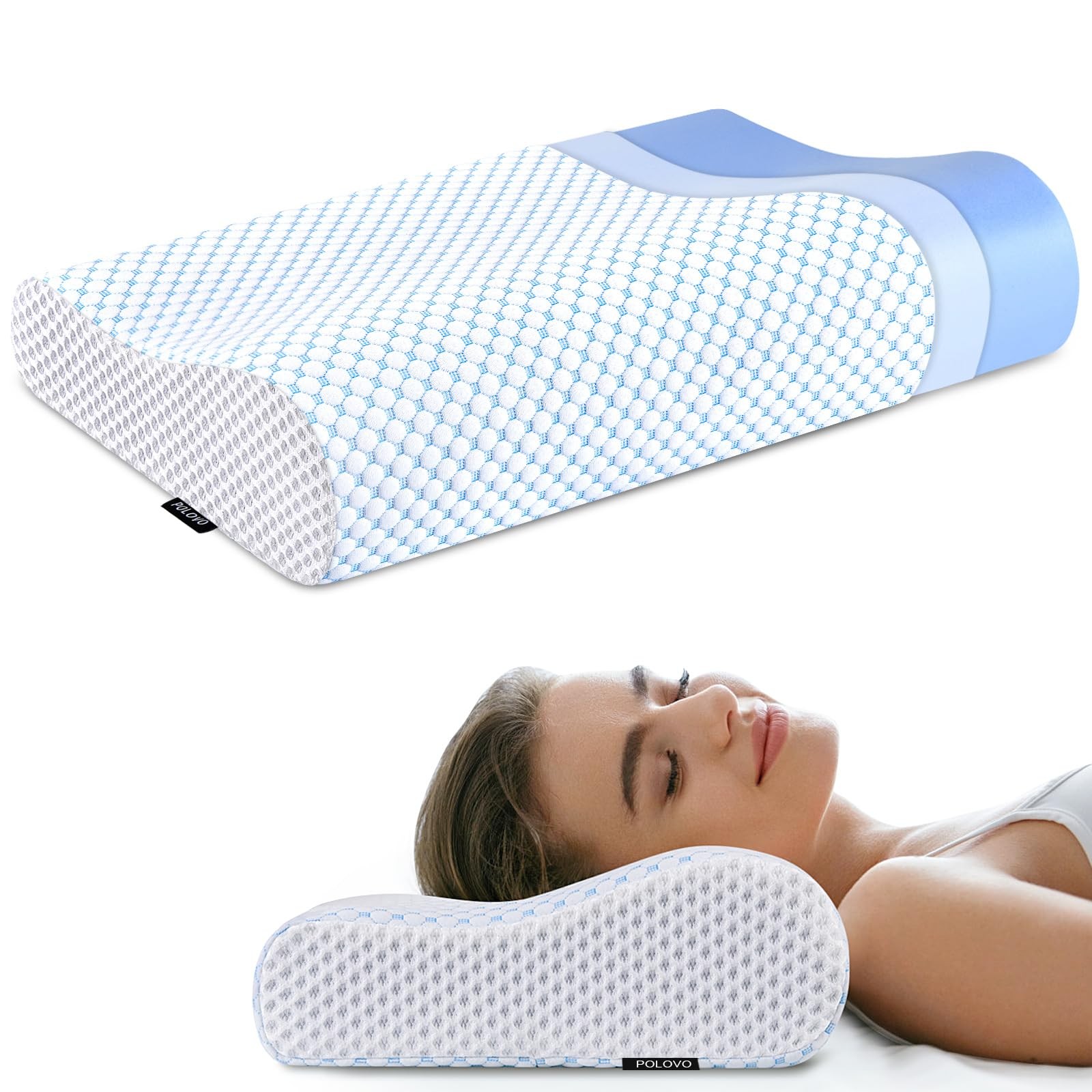 Memory Foam Pillows Neck Pillow for Pain Relief, Ergonomic Blue&white
