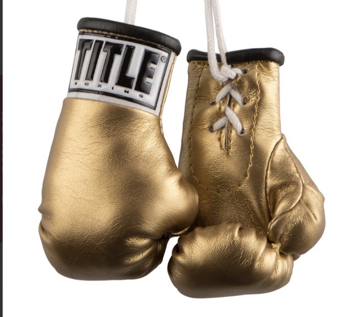 New TITLE Boxing Mini Gold Gloves for Car Rearview Mirror 3.5” Miniature Hanging
