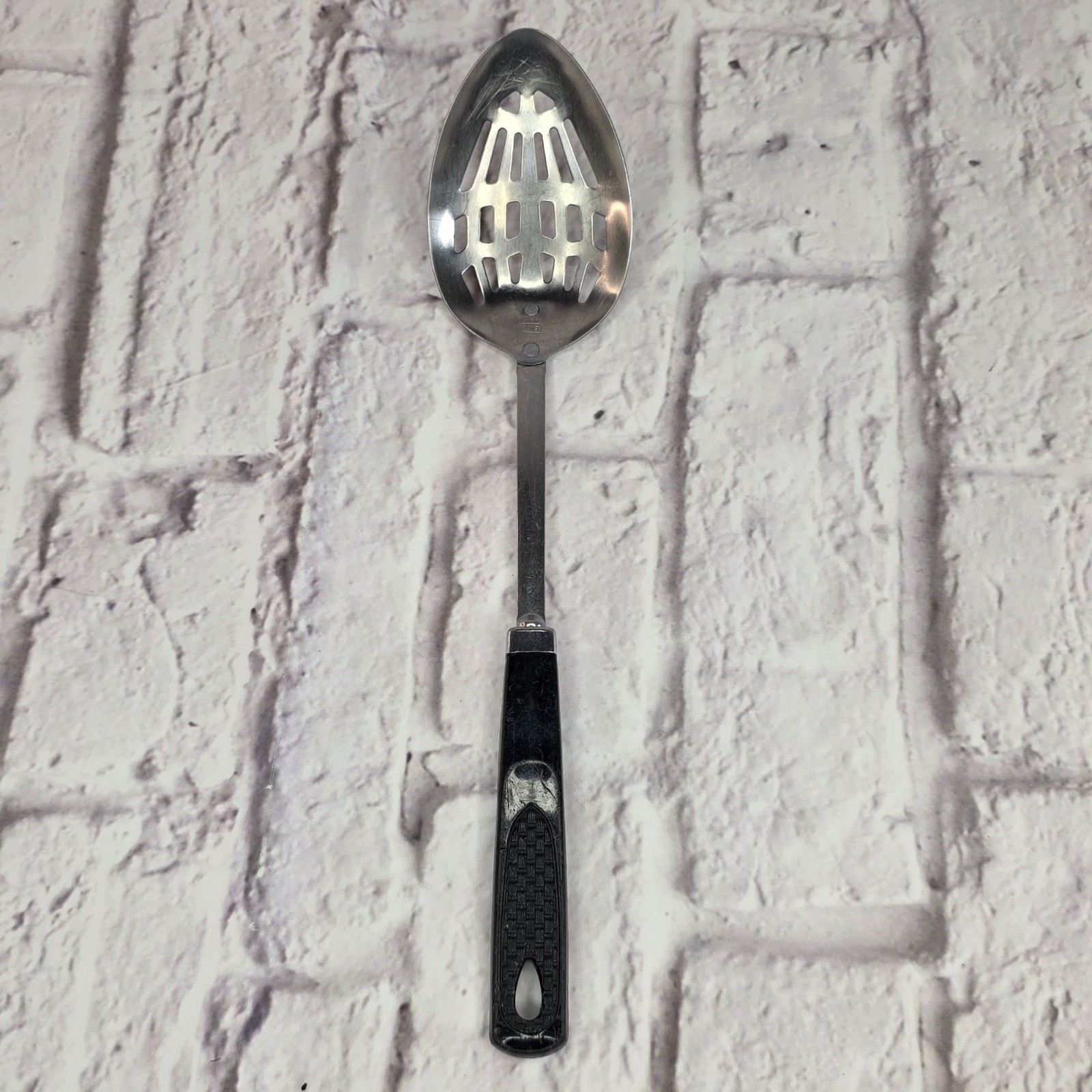 Vintage EKCO Keyhole Slotted Serving Spoon Stainless Steel Black Textured Handle