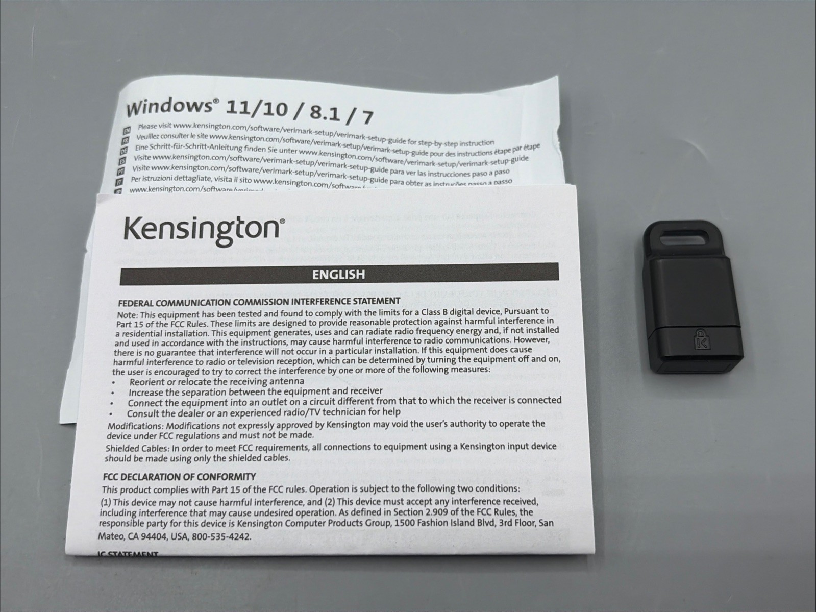 Kensington VeriMark USB-A Windows Hello Fingerprint Key Reader (K67977WW)