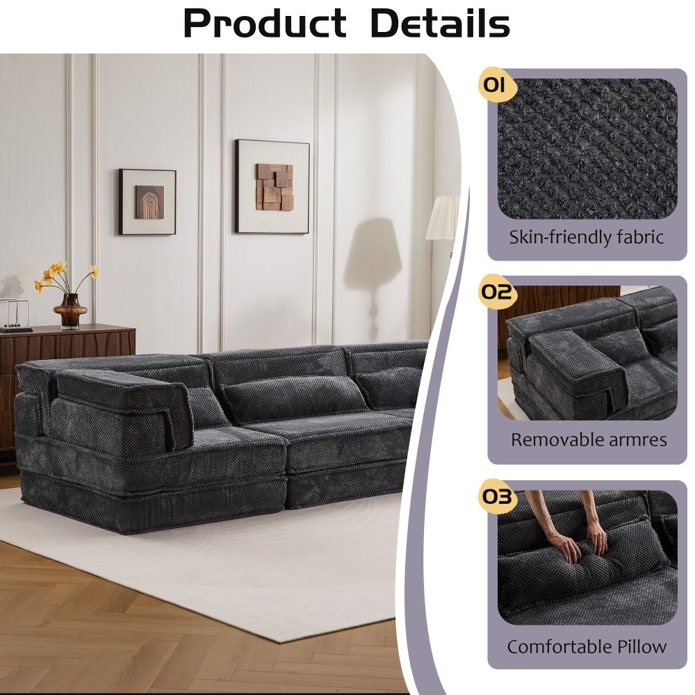 Convertible Floor Sofa Bed w/ Pillows, Dark Gray Circle Fleece Fabric