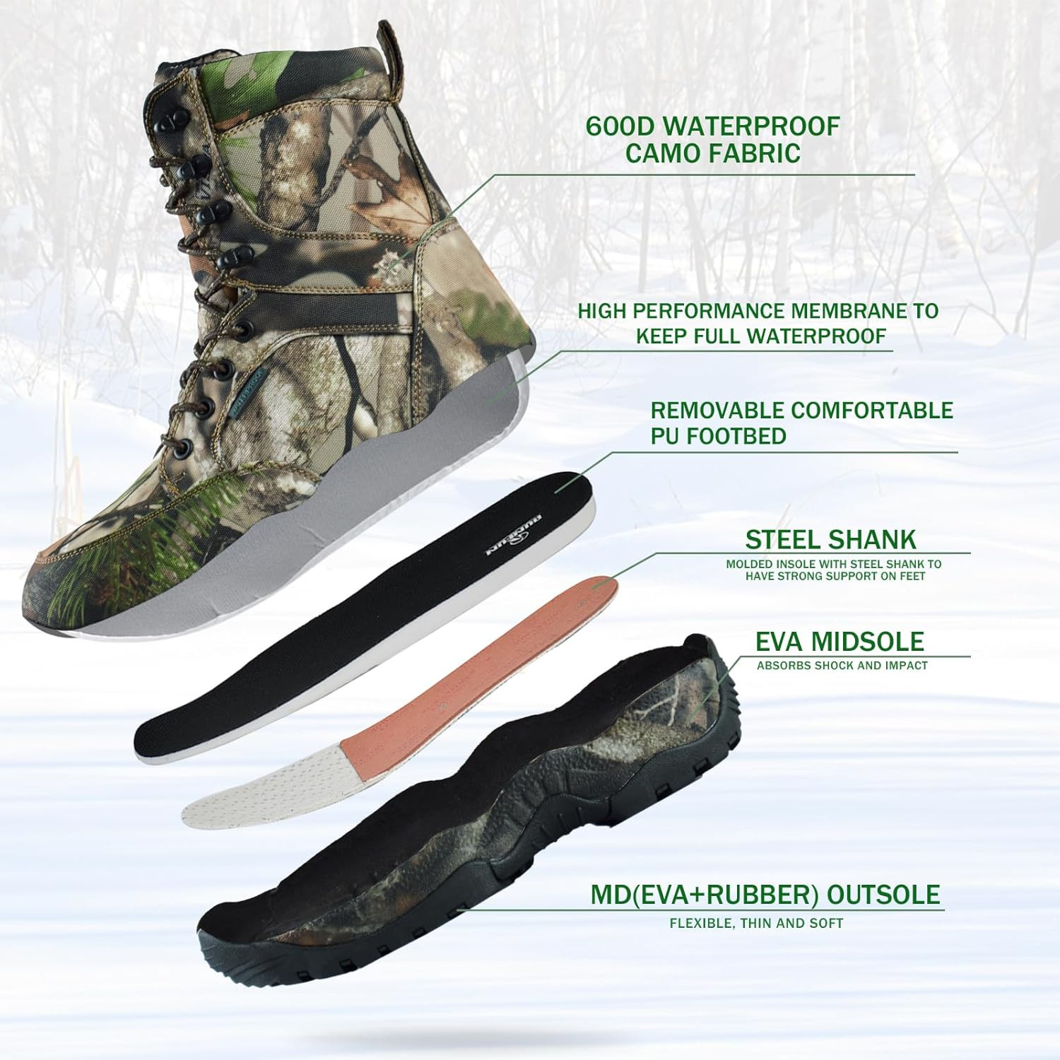 Men'S 8" Waterproof Hunting Boots Lightweight Insulated Camo Outdoor Boot, 400G