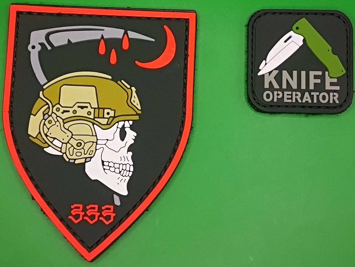 Tactical PVC Morale Patch Set Skull Helmet Scythe 333 Knife Operator Hook & Loop