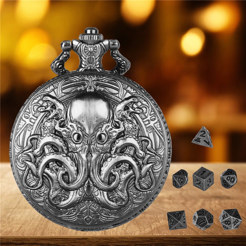 7pcs Solid Metal Polyhedral DND Dice Set in Octopus Pocket Watch Case with Chain
