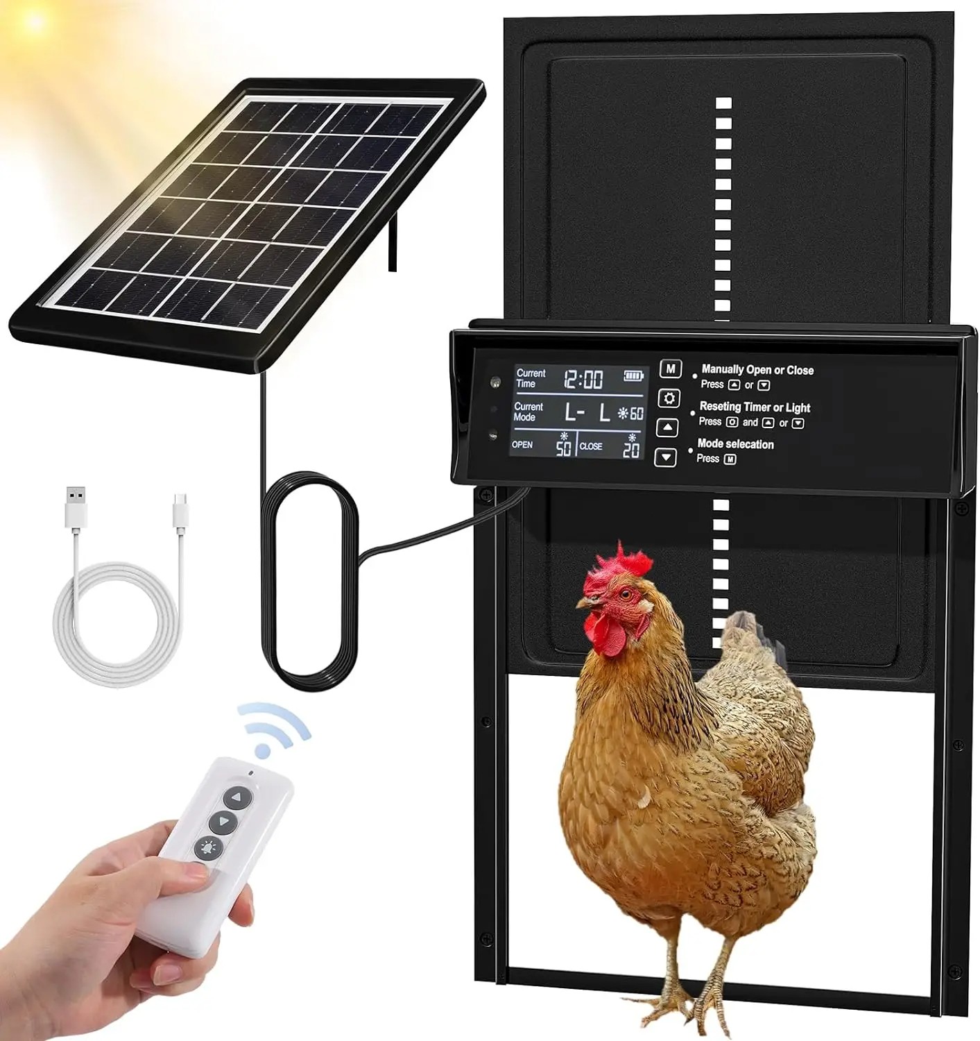Solar Automatic Chicken Coop Door Opener with Light Sensor/Timer/Remote Control