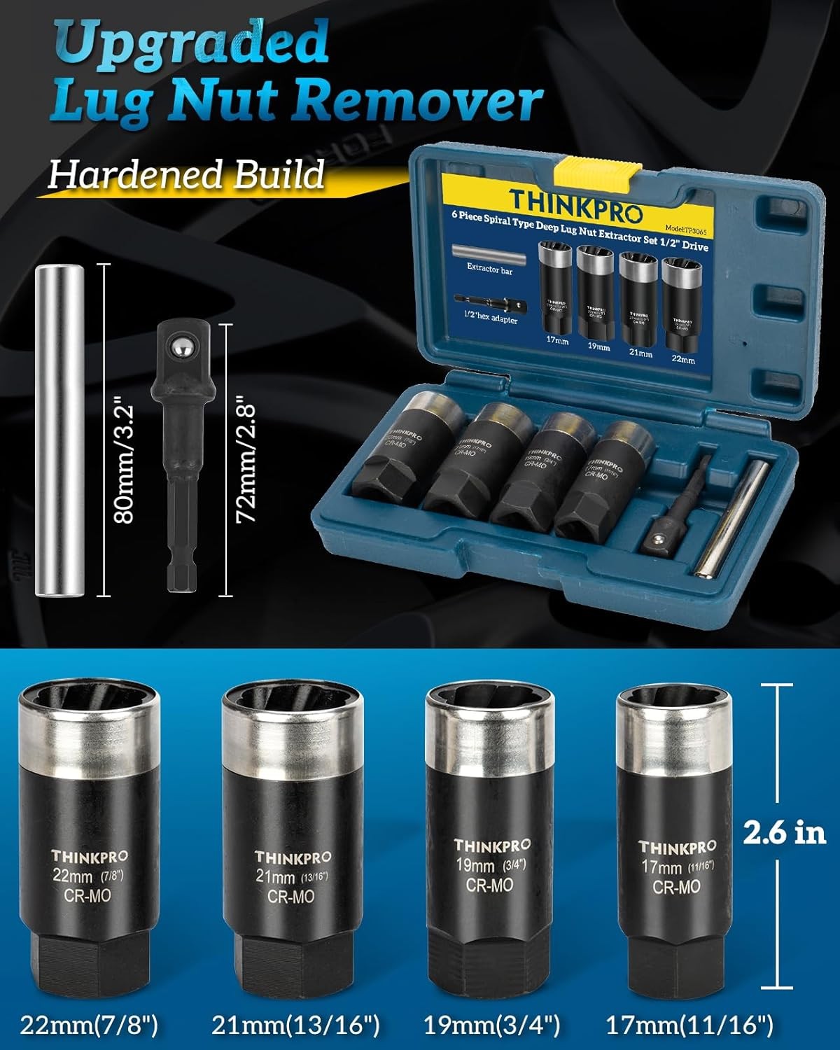 Locking Lug Nut Removal Tool-6 Pieces Deep Lug Nut Extractor Set,Stripped Lug...