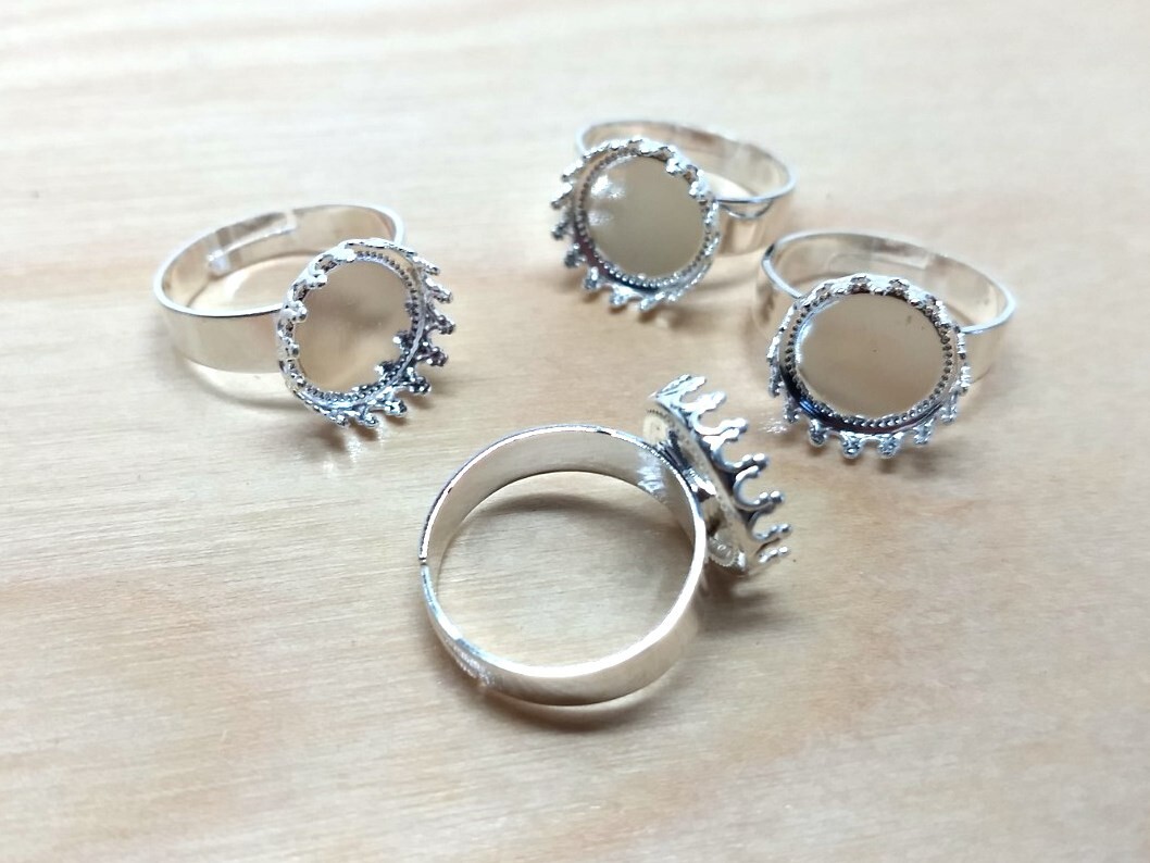 5 pcs. Silver Plated ADJUSTABLE Cabochon Bezel RING bases – Ring Size 6 - 12mm