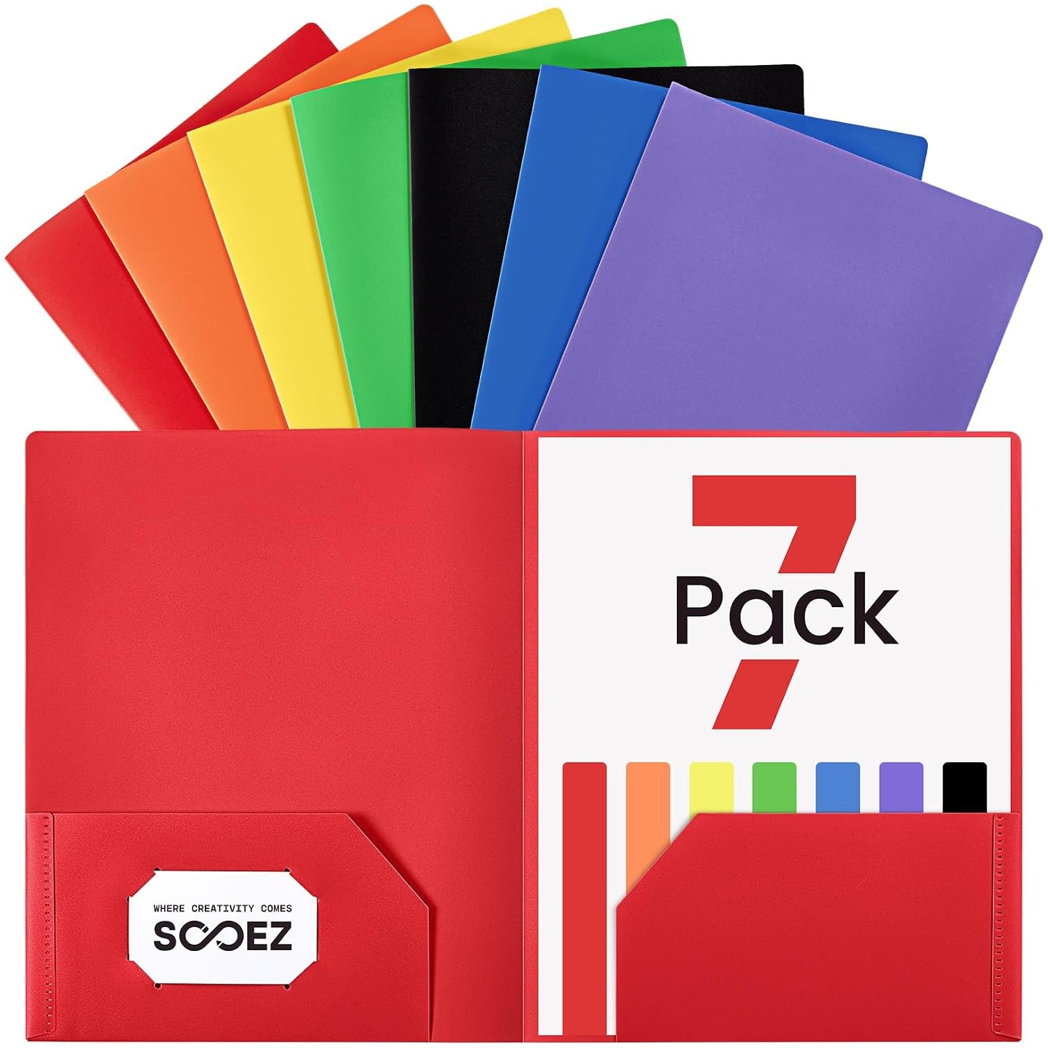 Sooez 7 Pack Folders with Pockets, 2 Pocket Folders with Extra Labels | Plastic