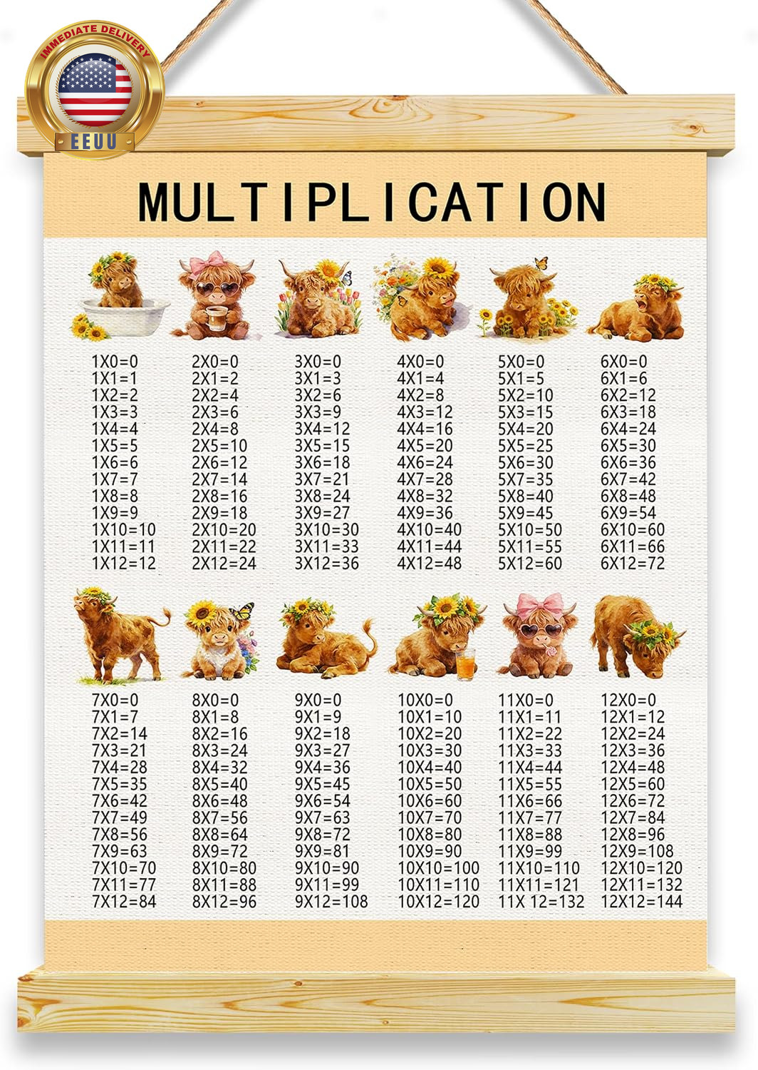 Highland Cow Multiplication Chart Canvas Print, Educational Math Times Table Wal