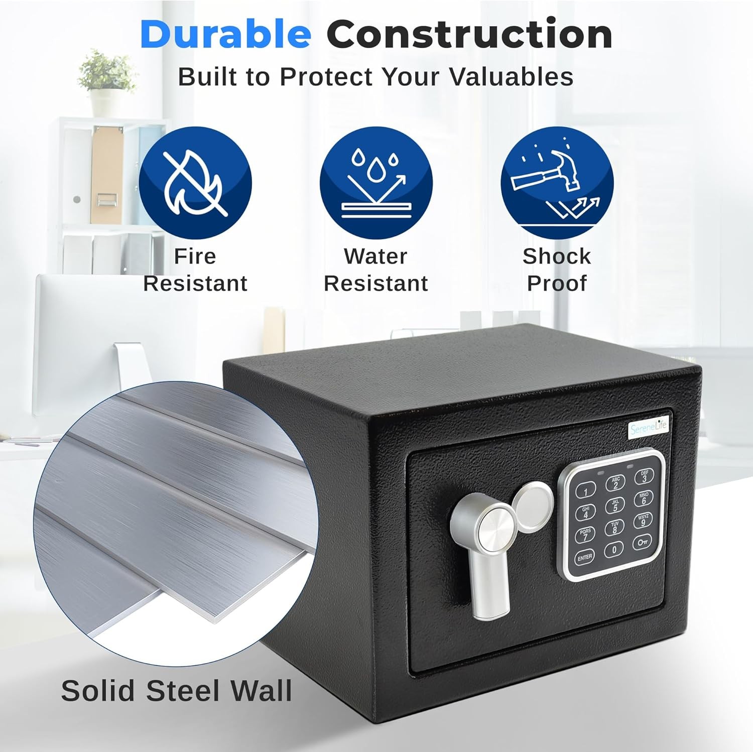 SereneLife Compact Electronic Safe Box with Digital Touch Pad Includes Keys
