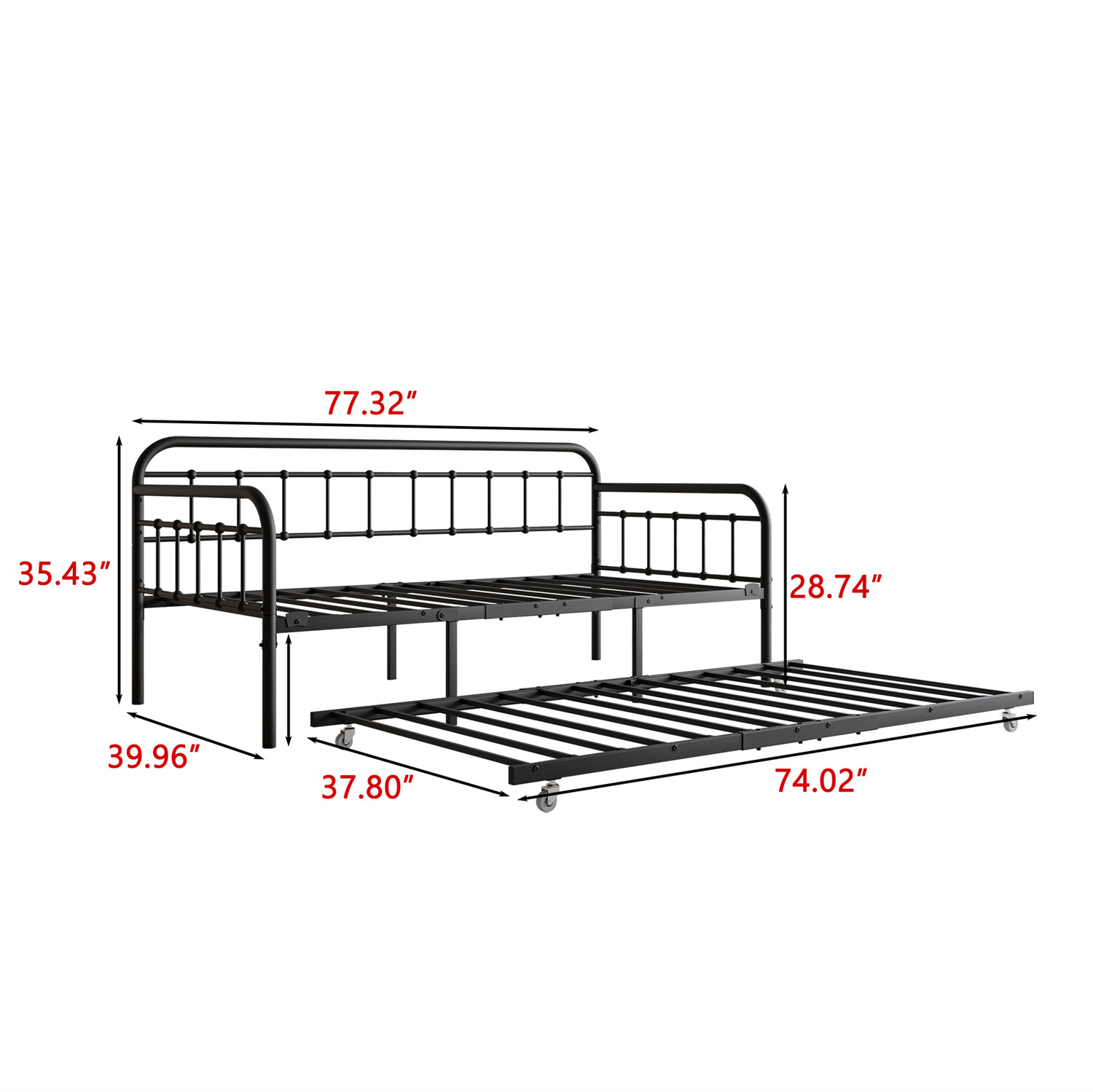 Twin Size Metal Daybed Bed Frame Sofa Bed with Pull Out Trundle Bed Black US