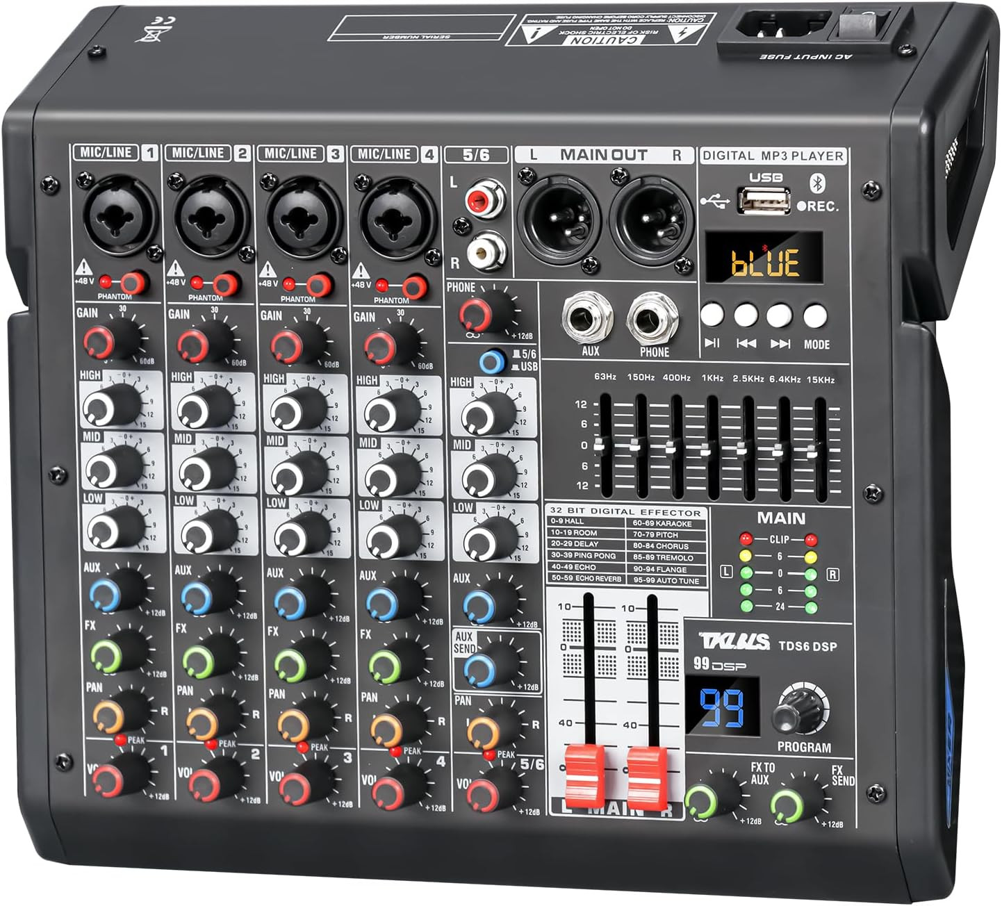 Audio Mixer, 6-Channel Professional DJ Mixer with 99-Bit DSP Effects, 7-Band EQ,