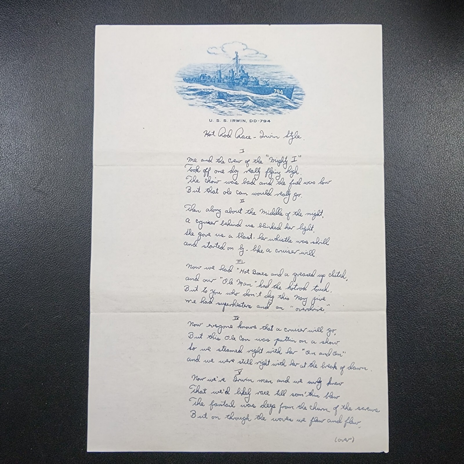 US Navy DD-795 USS Irwin, Stationary Letterhead, Sailors Poem About the Might I