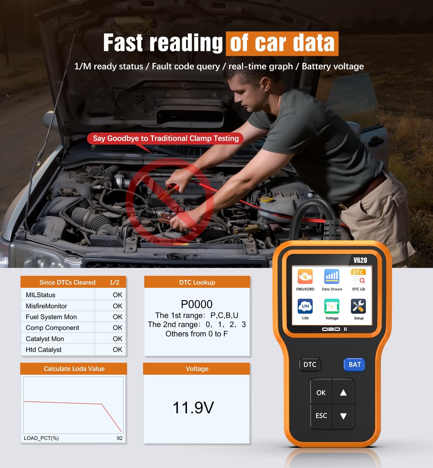 OBD2 Scanner Battery Tester - Read Clear Engine Codes for All Vehicles