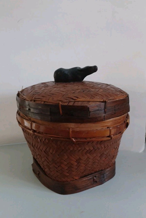vintage wooden wicker rattan basket with  Ox.