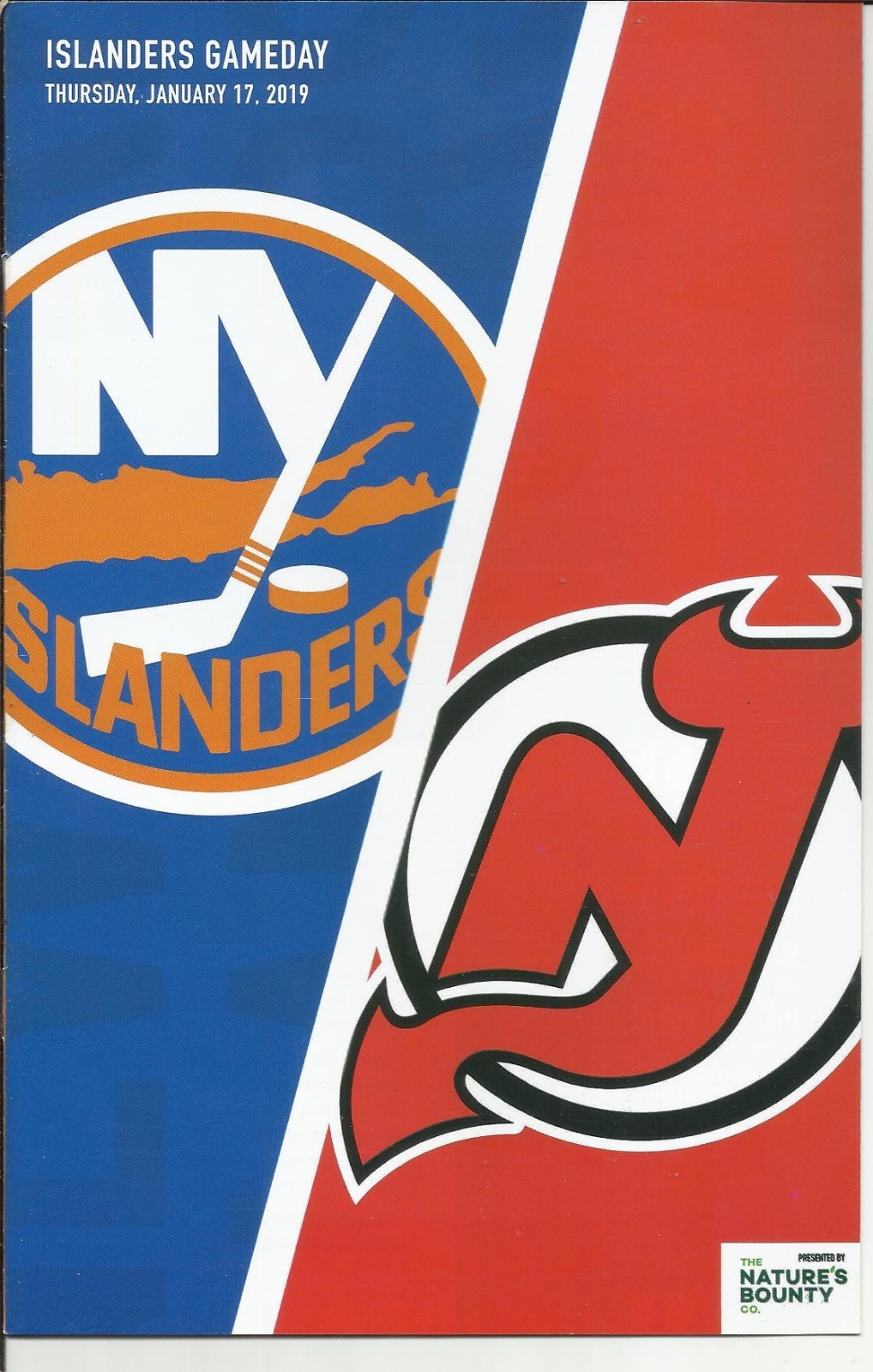 NEW YORK ISLANDERS VS. NEW JERSEY DEVILS JANUARY 17, 2019 GAMEDAY PROGRAM NEW