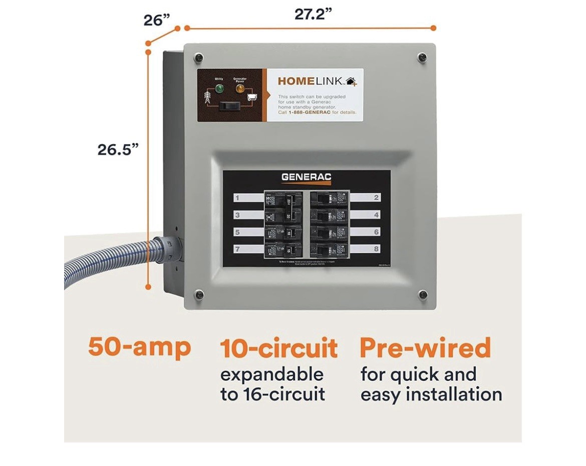 50 Amp Manual Transfer Switch, 240V Generator Hookup, Pre-Wired Transfer Switch