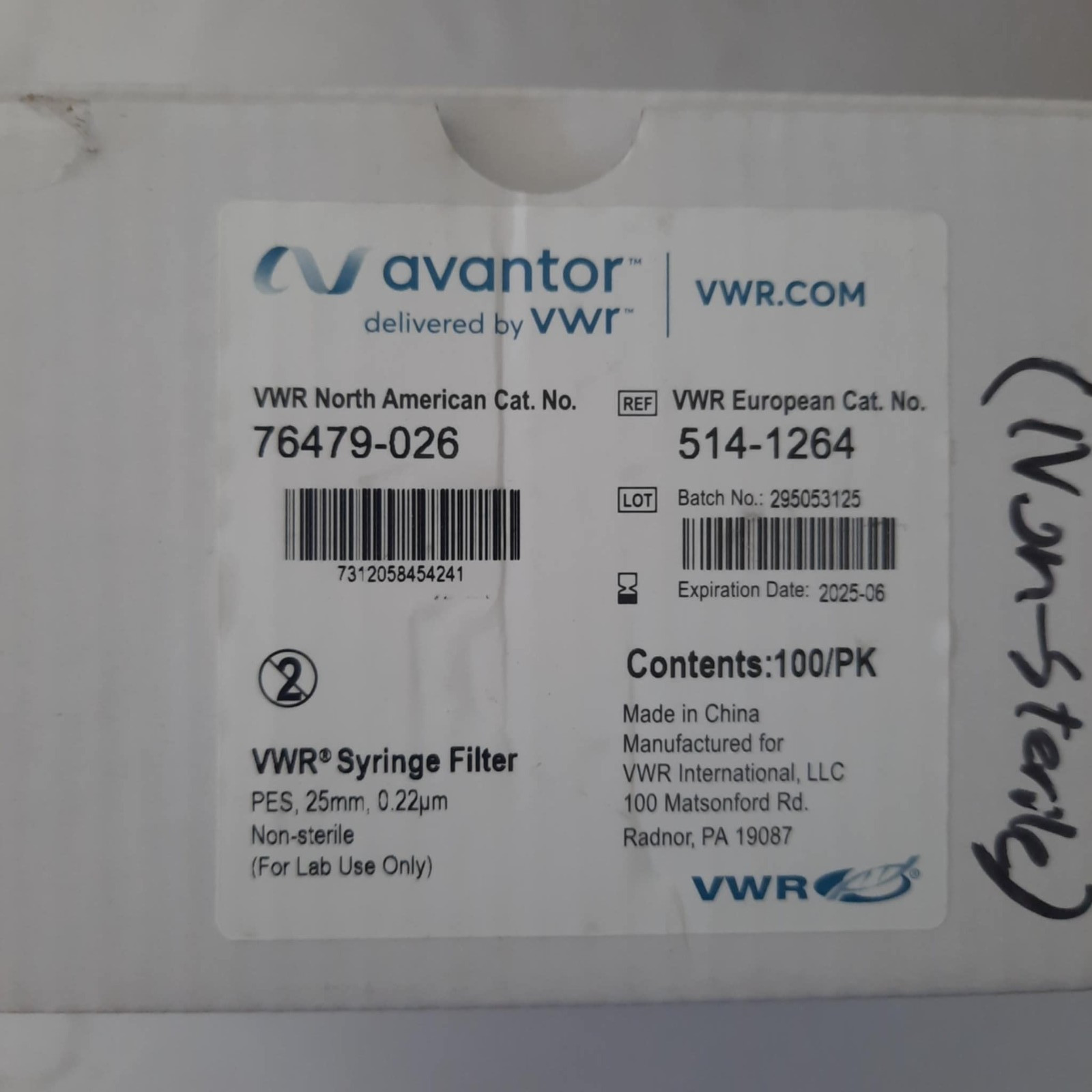 VWR Avantor 76479-026 Syringe Filter, PES 25mm 0.22um Non-Sterile Open Box,65/pk
