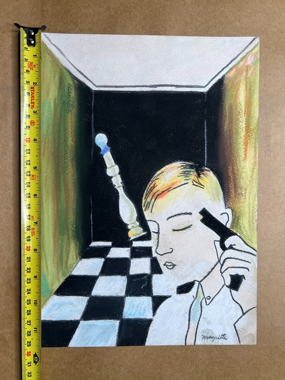 Rene Magritte (Handmade) Drawing On old Paper Signed & Stamped Mixed Media