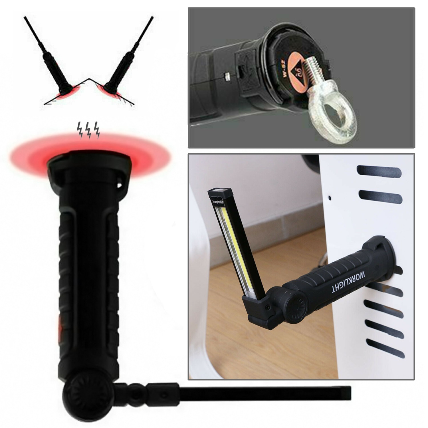 2PCS Magnetic Rechargeable COB LED RED Work Light Lamp Flashlight Folding Torch