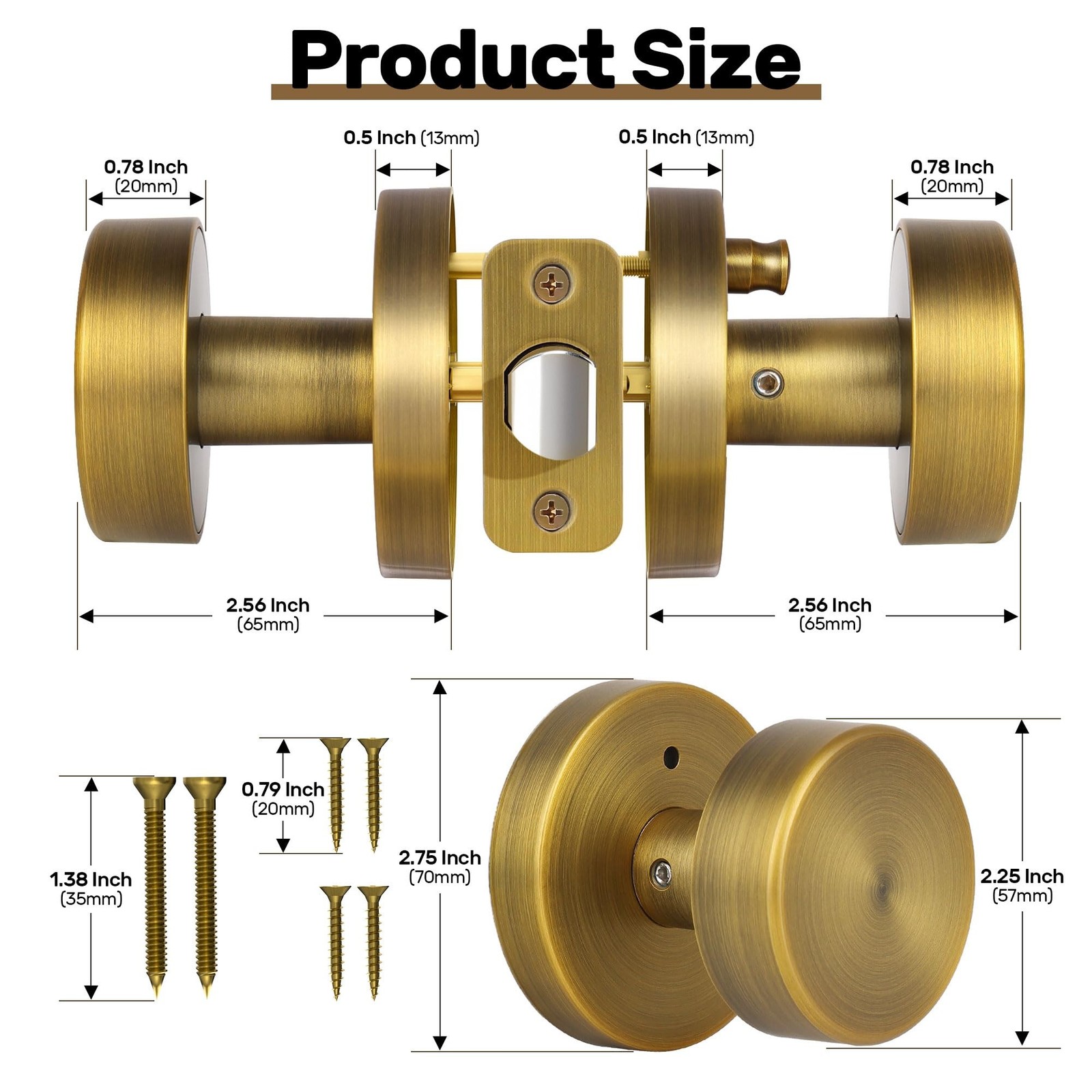 Antique Brass Privacy Door Knobs Interior with Lock, Old Style Round Door Kno...