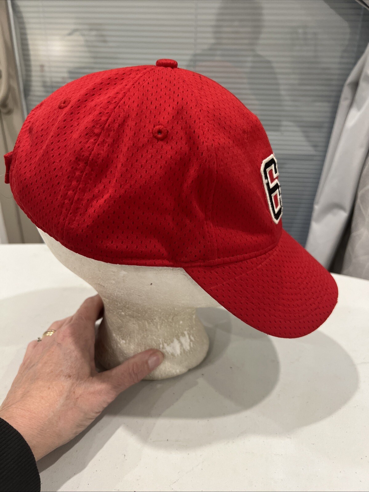 #62 Red Mesh Hat Cap Hook Loop August Brand EUC