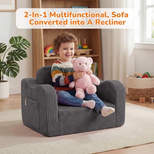 Toddler Chair Comfy for 1-3 Years Old Kids Couch Bed Fold Corduroy Dark Grey