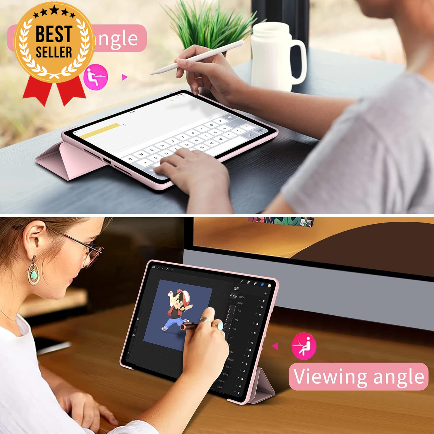 IPad 9th/8th/7th Gen Case – Slim Trifold Stand, Auto Wake/Sleep, Pink