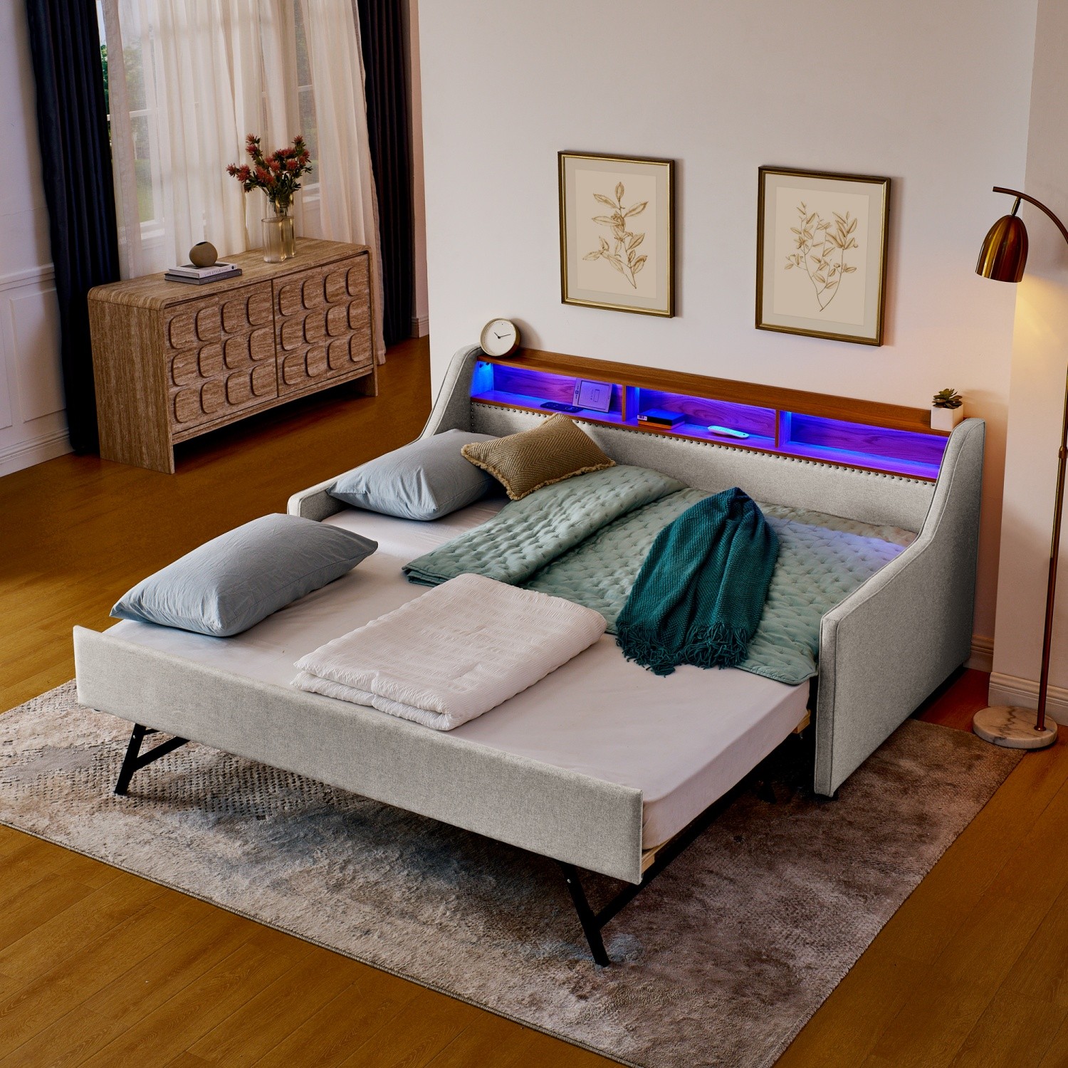 Twin Daybed Upholstered Bed Frame w/ Pull up Trundle & LED Lights & USB Ports