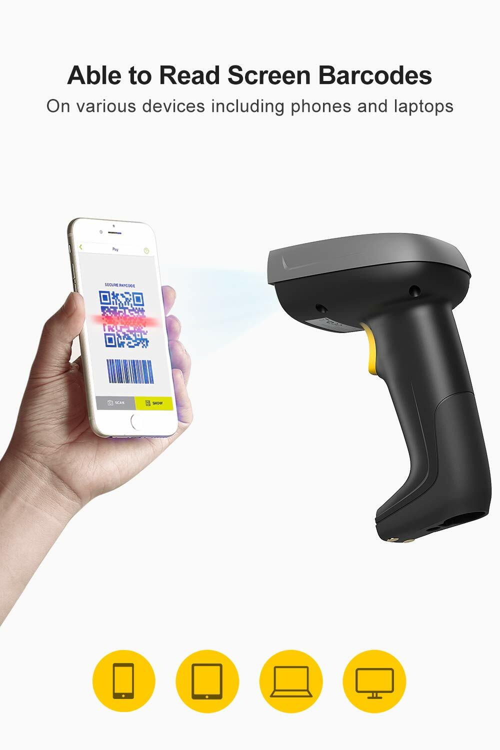 1D 2D Barcode Scanner Wireless Bluetooth QR Code Gun Read Screen Smart Base