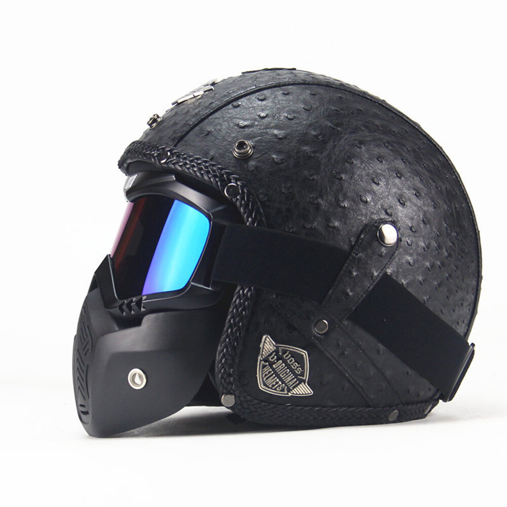 DOT Black Leather Motorcycle Helmet Open Face 3/4 Scooter Helmet Moto Casco