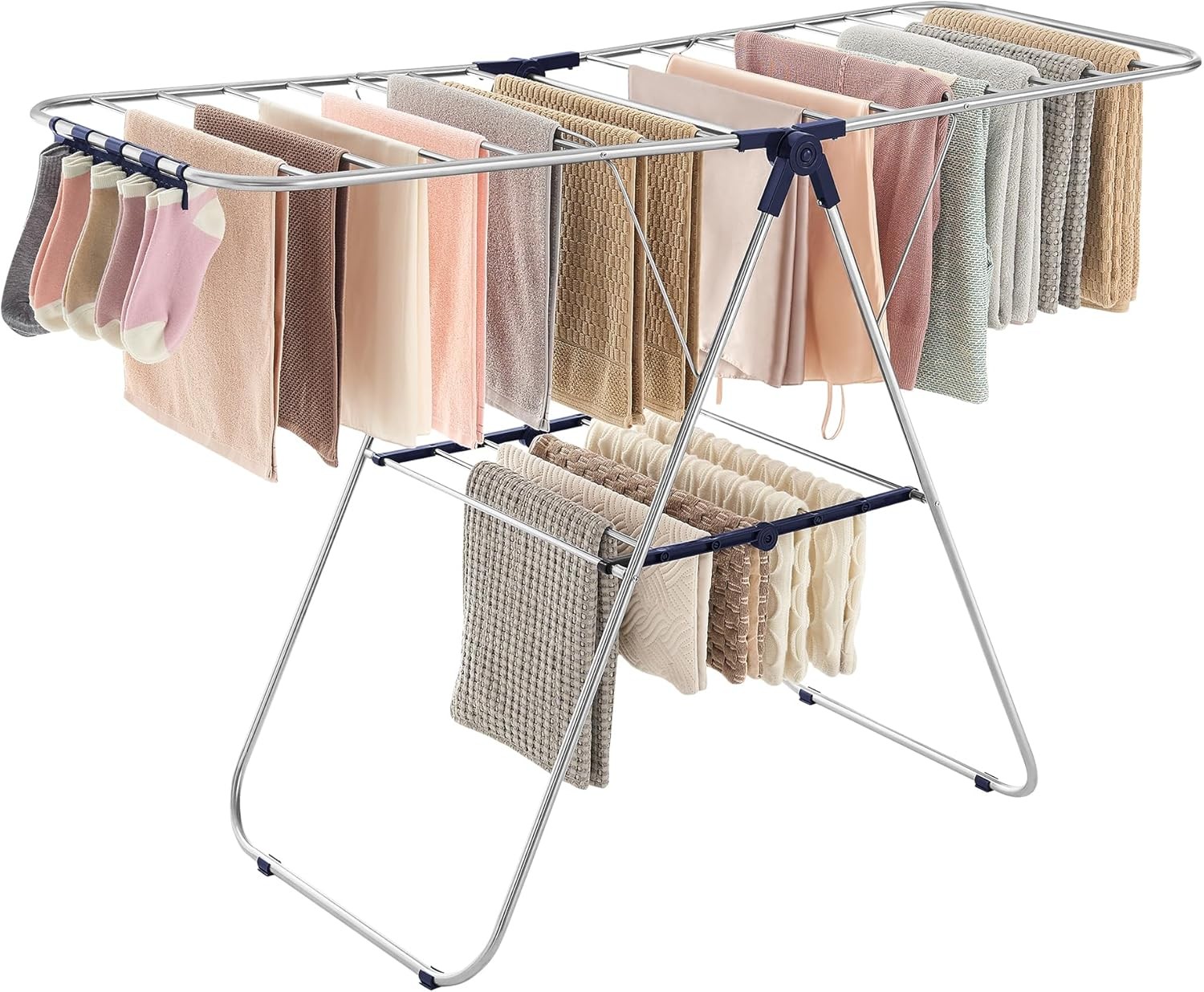Foldable Metal Drying Rack with Adjustable Wings and Sock Clips